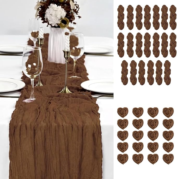 20 PCS Brown Cheesecloth Table Runner 10ft Boho Gauze Fabric Cheese Cloth Table Runner Comes with 20 Cloth Napkins Runner for Romantic Wedding Birthday Shower Party Table Decoration