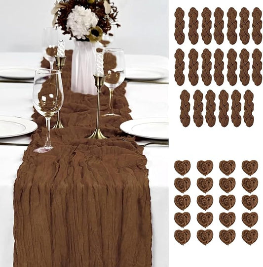 20 PCS Brown Cheesecloth Table Runner 10ft Boho Gauze Fabric Cheese Cloth Table Runner Comes with 20 Cloth Napkins Runner for Romantic Wedding Birthday Shower Party Table Decoration
