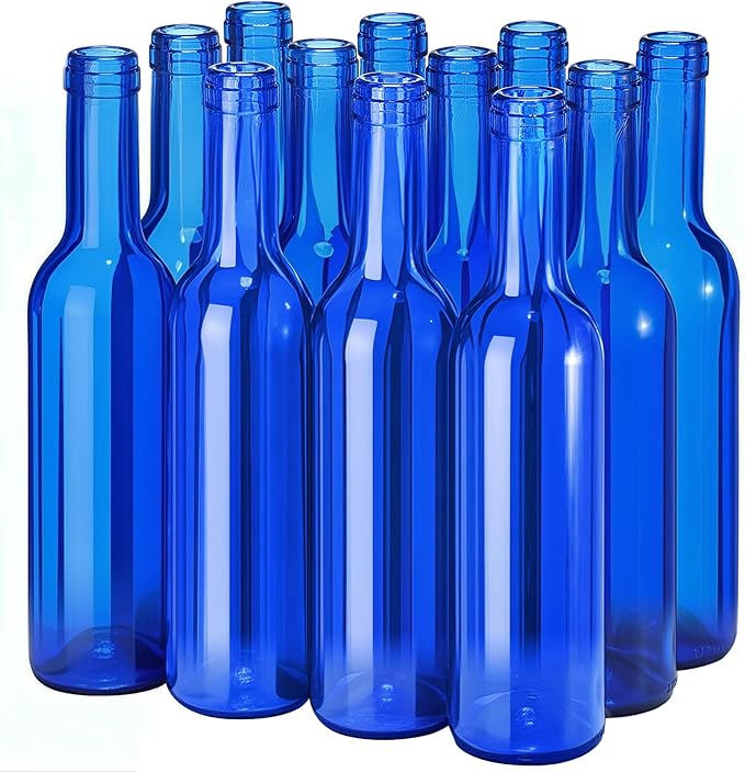 Rtteri 24 Pcs Decorative Colored Wine Bottles 375ml Empty Glass Bottles for Flowers Wedding Decor Centerpiece Christmas Party Favor DIY Crafts (Blue)