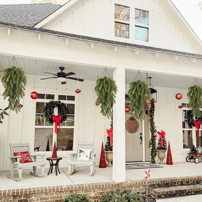 RECUTMS 2Pcs Artificial Christmas Teardrop Pine Needle Hanging Swag Artificial Pine Needle Branches Faux Winter Wreath Hanging Plants for Front Door Wall Home Christmas Decoration (Green)