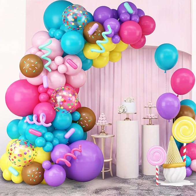Rainbow Colorful Balloons Arch for Candy Sweet One Two Donut Grow Up Ice Cream Birthday Party Decorations Pastel Purple Pink Blue Yellow Brown Confetti Latex Balloons Garland with Long Balloon