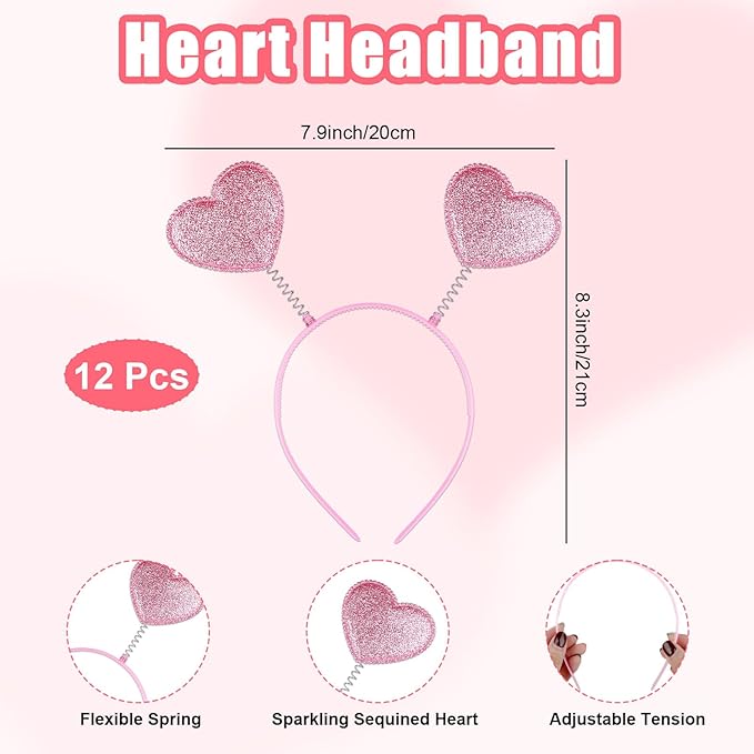 Valentines Heart Headband and Heart Sunglasses 24Pcs Pink Valentine's Day Accessories for Women Glitter Cupid Accessories for Valentine Wedding Anniversary Birthday Engagement Party Favors