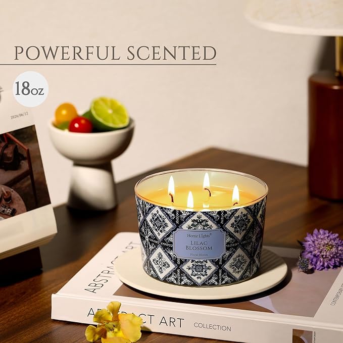HomeLights 4-Wick Candles for Home Scented - 18oz Soy Wax Blend Candle Long-Lasting Fragrance, Bohemian Natural Textures Home Decor and Housewarming Gifts, Lilac Blossom