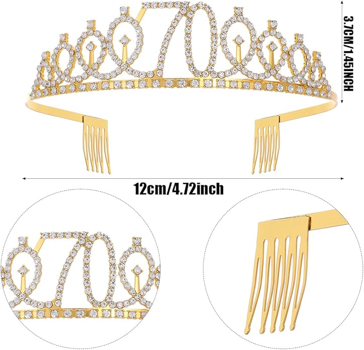 "70 & Fabulous"Sash & Rhinestone Tiara Set, Black Gold 70th Birthday Gifts for Women, Birthday Sash/Tiara for Women's 70th Birthday Party Decoration (Black 70th)