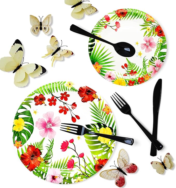 175Pcs Tropical Luau Party Supplies Aloha Hawaiian Paper Plates Set 9"& 7"Luau Plates Tropical Napkins Knives Forks Spoons Cups for Hawaiian Themed BBQs Summer Luau Birthday Party Decorations Serve25