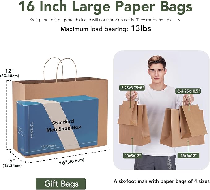 GSSUSA 16x6x12 Large Paper Bags with Handles 100Pcs, Gift Bags, Bag for Small Business Bulk, Brown Paper Shopping Bag for Boutique, Merchandise, Clothing, Grocery, Food Service Take Out