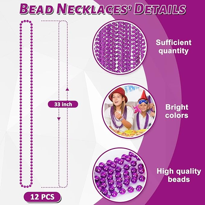 Mardi Gras Beads, 12PCS Purple Bead Necklace Party Favors, 33" Bead Necklaces Accessory Set, Festival Parade Throw Accessories for Halloween Mardi Gras Party Celebrations Decorations