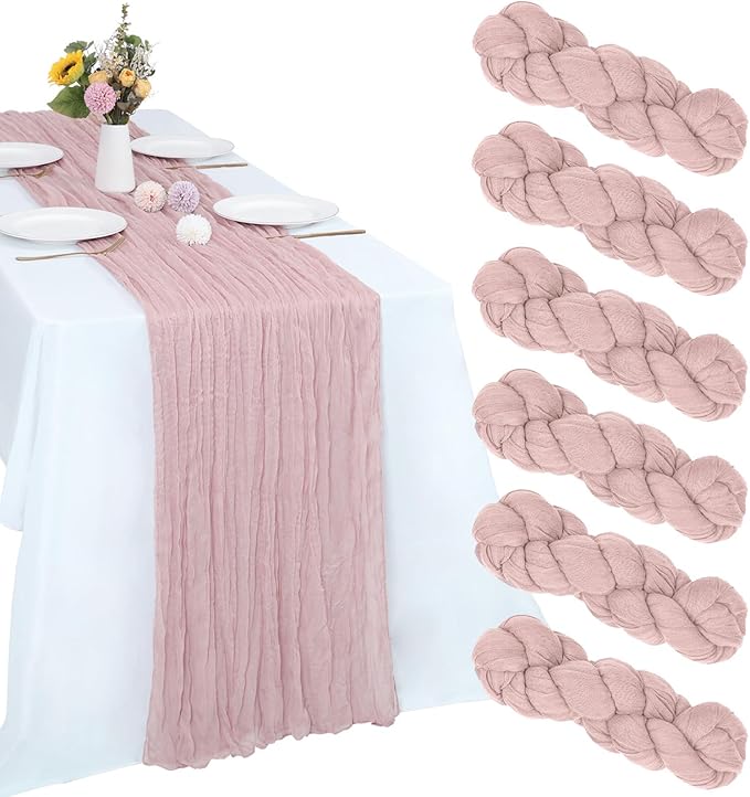 6 Pack Dusty Pink Cheesecloth Table Runner 10FT Boho Gauze Fabric Table Runner 35 x 120 Inch Rustic Sheer Runner for Centerpiece Wedding Birthday Baby Shower Party Boho Table Decoration