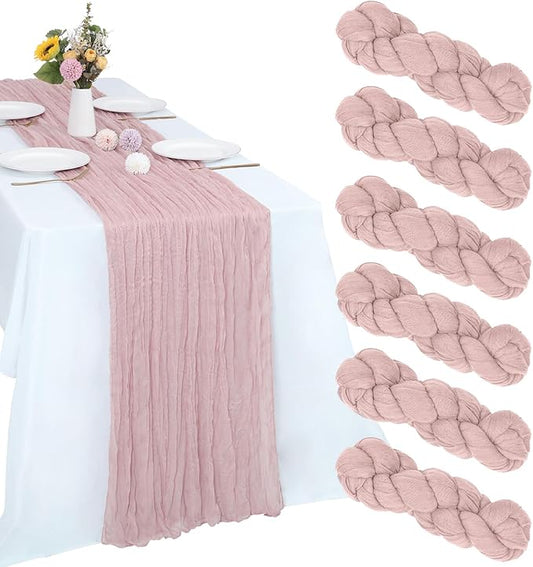 6 Pack Dusty Pink Cheesecloth Table Runner 10FT Boho Gauze Fabric Table Runner 35 x 120 Inch Rustic Sheer Runner for Centerpiece Wedding Birthday Baby Shower Party Boho Table Decoration