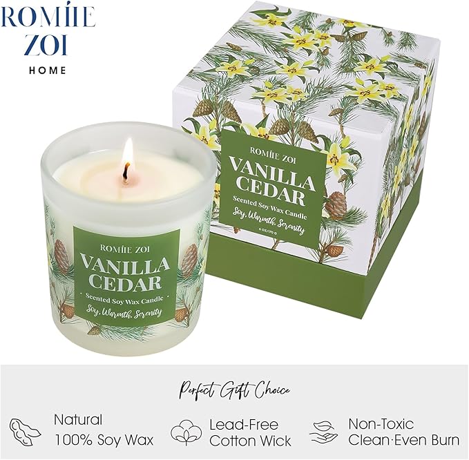 ROMIIE ZOI Aromatherapy Jar Candle - 6oz Soy Wax Candle - Infused with Vanilla Cedar Aroma - with Beautiful Keepsake Box Special for Birthday/Holiday Gifts