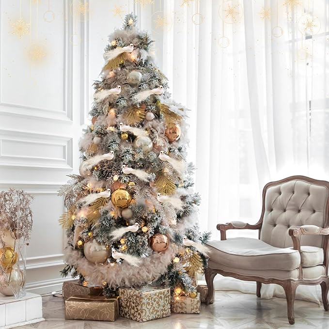 12 Pcs Artificial Christmas Dove Birds with Clip, White Feather Xmas Tree Ornaments Wreath Flower Arrangement Supplies for Party Wedding Decor DIY Craft Gifts