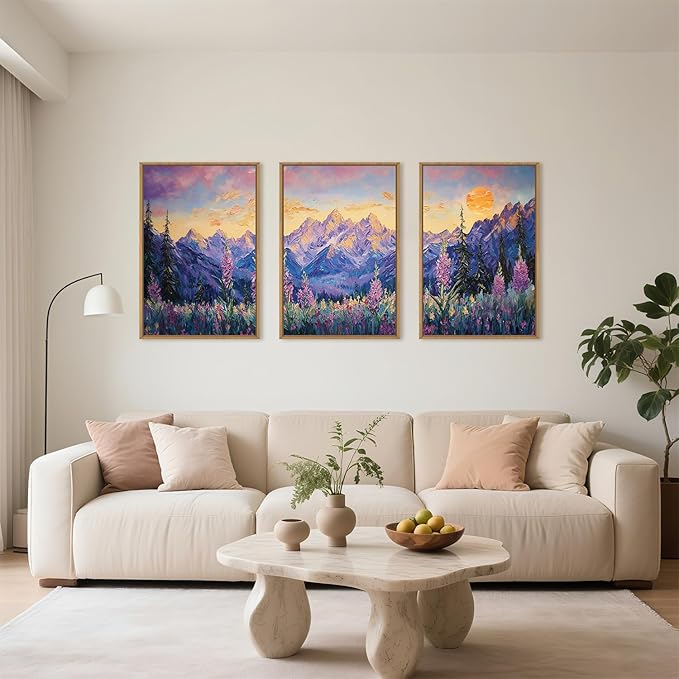 HOURIA Purple Sunset Mountain Landscape Framed Canvas Wall Art Set,Nature Pine Tree Wildflowers Wall Decor,Golden Sunlight Wall Painting,Modern Field Art Prints for Living Room, Bedroom-16 x24 x3