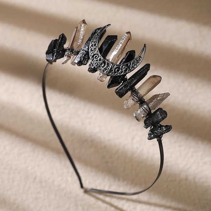 Witch Crystal Headband Crown for Women - Brown Black Fairy Moon Headpiece for Gothic Queen, Elf Circlet for Wedding Prom Quinceañera Pageant Bridal, Renaissance Halloween Headwear