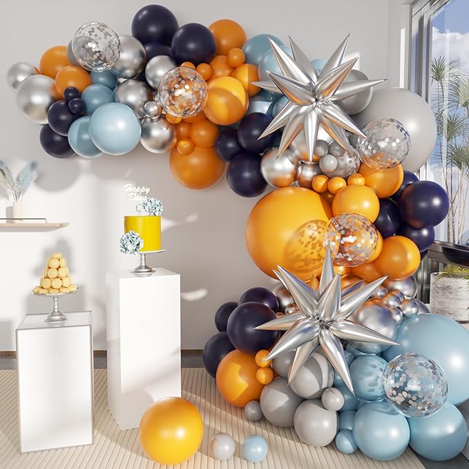 Blue Yellow Gray Balloon Garland Arch Kit, 156Pcs Pastel Navy Blue Dusty Grey Lemon Yellow Metallic Silver Balloons with Exploding Star for Baby Shower Wedding Birthday Lemonade Honeybee Party