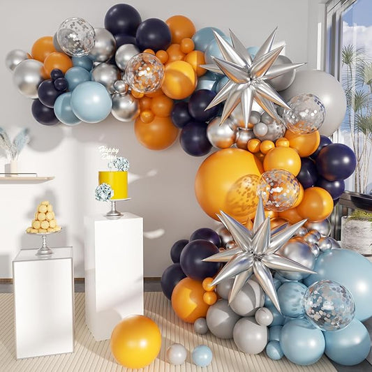Blue Yellow Gray Balloon Garland Arch Kit, 156Pcs Pastel Navy Blue Dusty Grey Lemon Yellow Metallic Silver Balloons with Exploding Star for Baby Shower Wedding Birthday Lemonade Honeybee Party