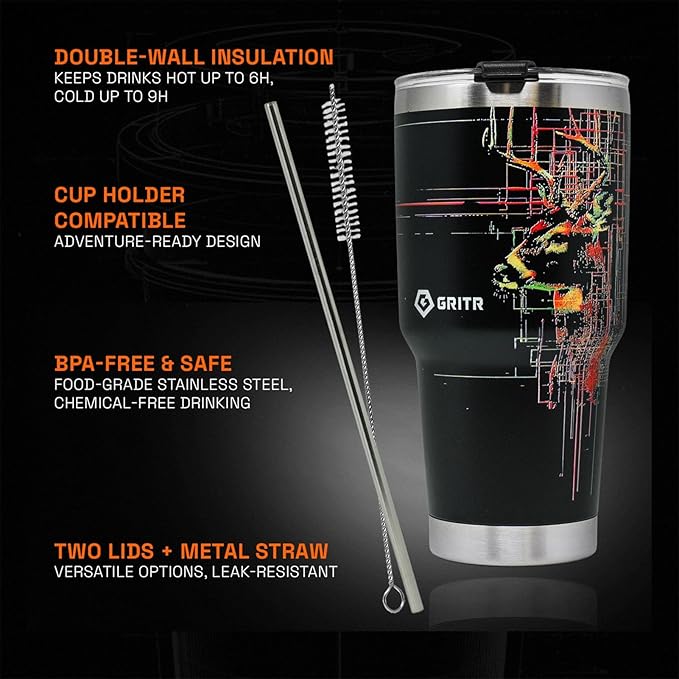 GRITR Stainless Steel Tumbler – 20oz/30oz, Insulated & Leakproof, Hot or Cold Drinks Anywhere, Travel Tumbler with Straw and Lids for Coffee, Water & Smoothies