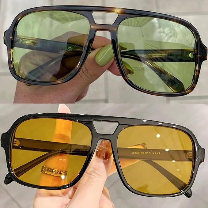 Retro Aviator Sunglasses for Women Men Trendy Classic 70s Square Green Aviator Sun Glasses Vintage Shades