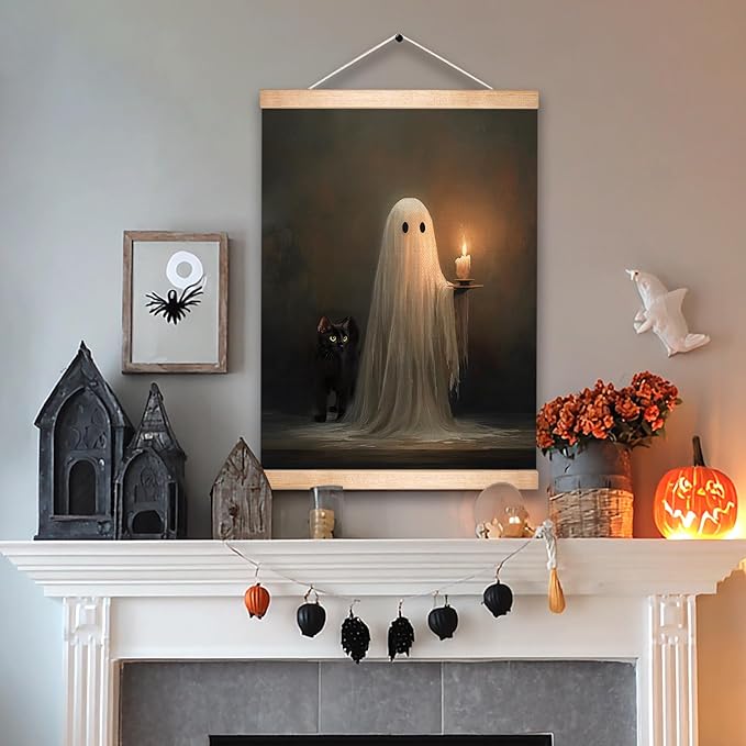 HEYJEEPER Halloween Ghost Holding Candle Linen Canvas Wall Art 18.5x14 Inch, Vintage Spooky Black Cat Gothic Wall Hanging Poster, Retro Haunted Night Decor for Living Room Bedroom Holiday Gift(BLK02)