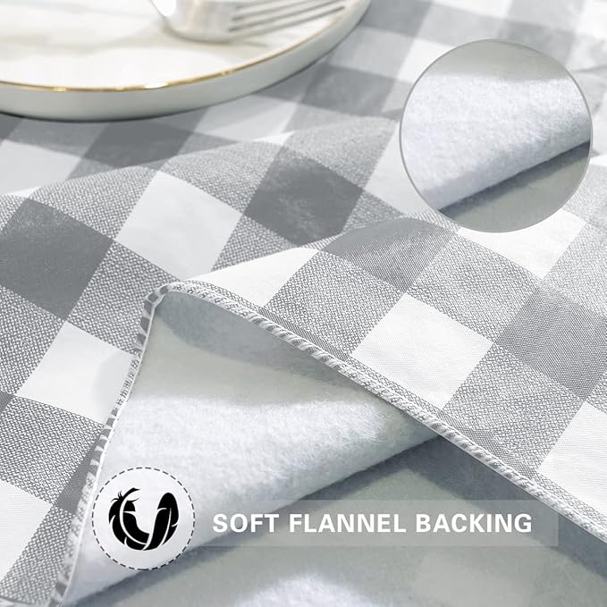 Buffalo Plaid Vinyl Tablecloth With Flannel Backing Rectangle 60 x 120 Inch, Waterproof & Scratch Resistant Checkered Table Cloth, Plastic Table Cover for Dining, Party, Indoor, Grey and White