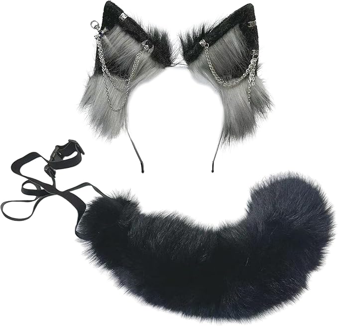 Wolf Ears Tail Set Fox Wolf Headbands Clips Fluffy Cosplay Costumes, Gothic Punk Accessories for Halloween