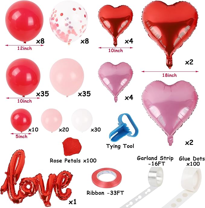 DR.DUDU 263 Pcs Valentines Day Balloon Arch Kit Decorations, Pink/White/Red Balloons Garland Decor with LOVE Heart Balloon Rose Petals for Galentines Day Party Birthday Wedding Proposal Anniversary