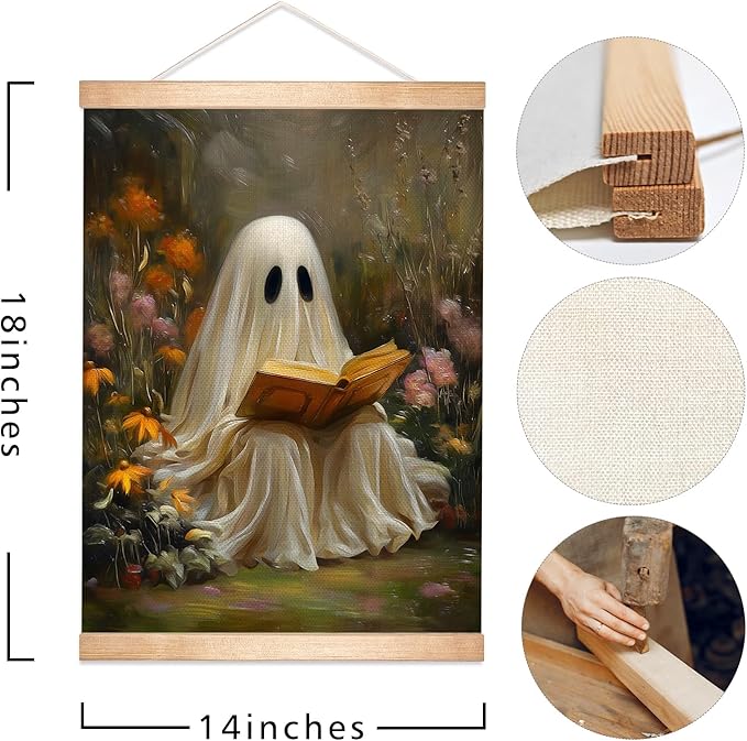 Rustic Ghost is Reading a Book Wall Art 18.5x14 Inch,Fun Ghost Linen Canvas Wall Hanging Poster Decor, Retro Gothic Haunted House Theme Wall Poster for Library Reading Corner,Halloween Decorations (BLK07)