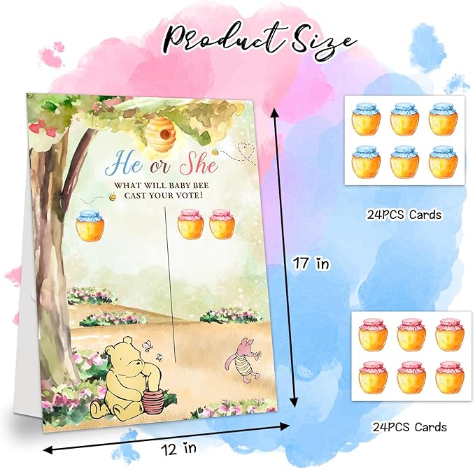 Gender Reveal Winnie the Pooh Party Games, Winnie the Pooh Theme Baby Gender Reveal Voting Board Sign, 48 Boy Girl Voting Stickers, He or She, Baby Gender Reveal Party Games for Boy or Girl Shower