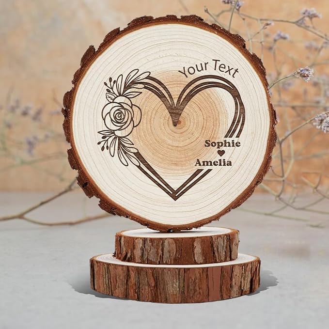 Personalized Rustic Wedding Cake Topper in Wood Custom Wedding Cake Topper with Names & Date Love Heart Shape Wooden Decorations Handmade Wood Slices Engarved with Couple Name Roses Flowers
