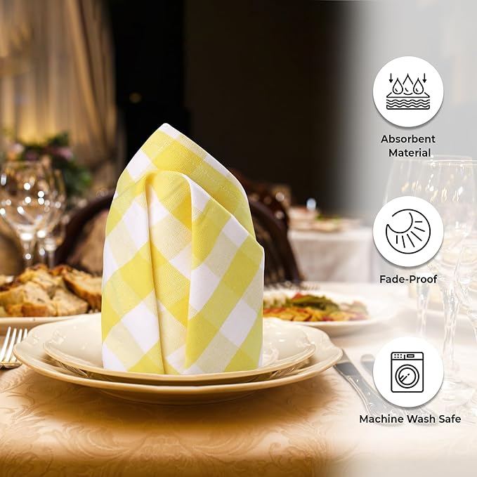 Urban Villa Easter Cloth Napkins 100% Cotton Dinner Napkins Highly Absorbent 20x20 Inches (Set of 12) Yellow White Buffalo Checks Reusable Washable Soft Durable Napkins Ideal for Home Wedding Parties