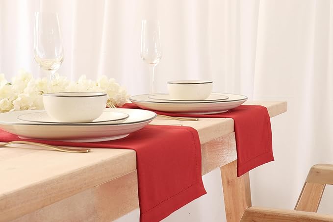 PurpleEssences Set of 12 Hemstitch Cloth Dinner Napkins 100% Cotton - Soft Durable Washable - Ideal for Wedding Fall Thanksgiving - Perfect Everyday Use Table Linen 18x18 - Red