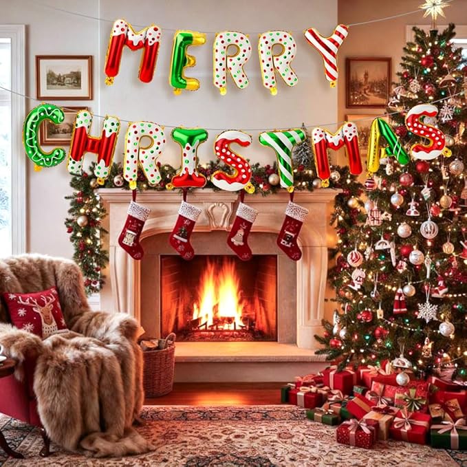 16 Inch Merry Christmas Balloons 14 PCS Red and Green Balloons Banner Candy Cane Gingerbread Xmas Letter Aluminum Mylar Foil Balloon Decorations Backdrop Hanging Party Favors Supplies Indoor Outdoor