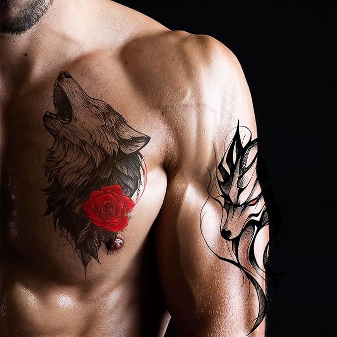 12 Sheets Large Wolf Tribal Temporary Tattoos for Men & Women – 7.4"x4.7" Black Totem Animal Fake Tattoo Stickers, Waterproof Removable Body Art for Chest Arm Back Shoulder