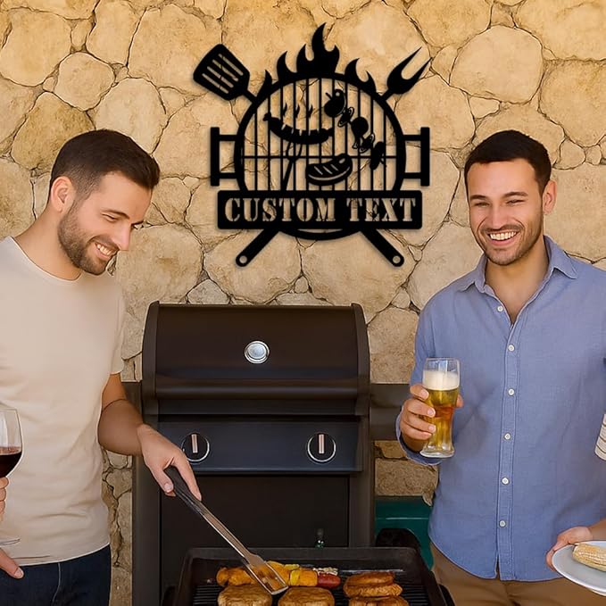 Custom BBQ Grill Metal Sign, Personalized Barbecue Plaque with Fire and Utensils Design, Outdoor Patio Yard Wall Art, Rustic Grill and Smoker Decor, Gift Idea for Birthday, Christmas, Holiday BBQ