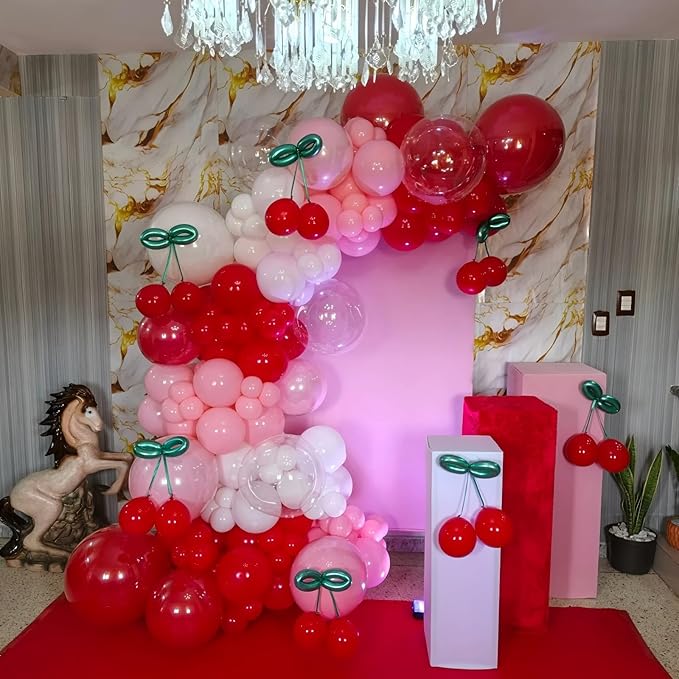 Cherry Balloons Arch Red and Pink Balloons Garland for Girls Birthday Berry Sweet Decorations Summer Fruit Party Coquette Bow Light Pink Red White Clear Latex Balloon Bachelorette Baby Bridal Shower