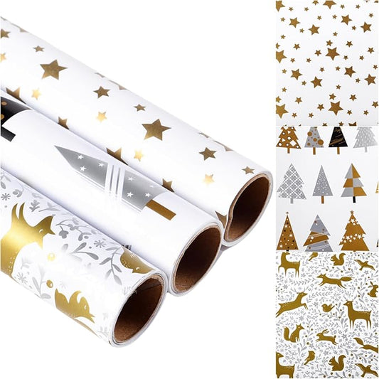 Miss DuiDui Christmas Gift Wrapping Paper, 3 Rolls, 17 inch x 9.8 feet, Gold Stars Animals Trees Xmas Design for Christmas, Party, Holiday, Kids Boys Girls, Baby Shower