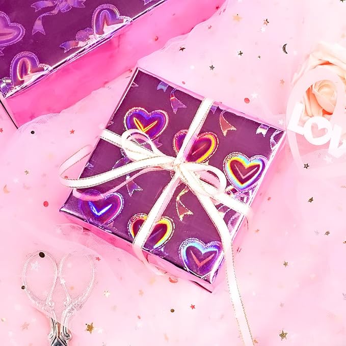 Yarcony Pink Heart Wrapping Paper, Mini Roll, Holographic Hearts Gift Wrap, Love Iridescent Hearts Wrapping Paper for Valentine's Day, Girl Birthday Party, Anniversary,Wedding (17 Inch X 33 Feet)