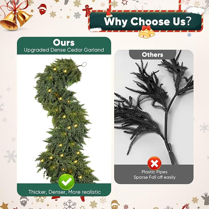 9FT Thick Pre-lit Christmas Garlands with 240 Cedar Branches, 50 Lights, Green Cedar Garland for Christmas Decorations, Artificial Greenery Garland for Table Mantle Wall Indoor Outdoor Holiday Decor