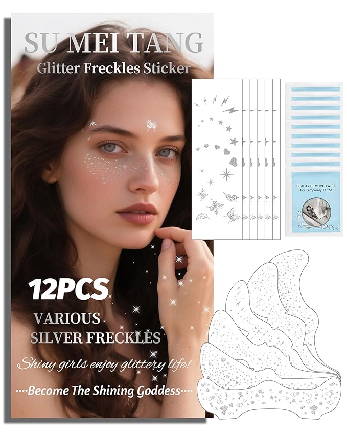 Glitter Freckles Face Tattoo Patches - 12PCS Temporary Sparkle Face Stickers with 10 Remover Wipes | Waterproof Festival Rave Party Makeup Accessories for Women Girls (Silver)