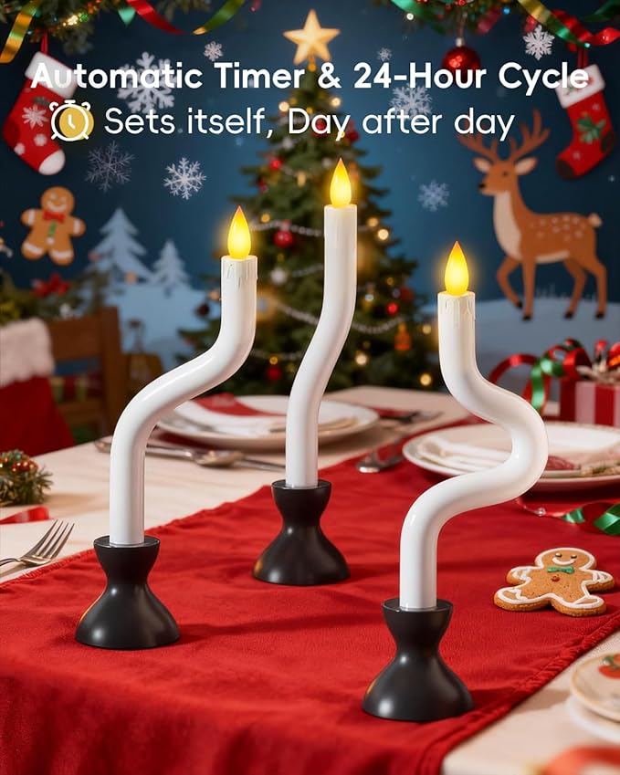 COOLWUFAN Christmas Window Candles, 3 Pcs Flameless Taper Candles with Remote Timer, Battery Operated Dripless LED Flickering 3D Flame, Holiday Decor for Home, Party (White Base)
