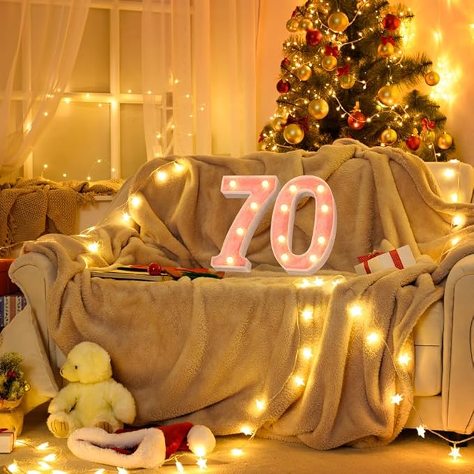 Marquee Numbers Light up Numbers, 0-9 Number Battery Powered LED Light, Pink Glitter Plastic Numbers for 70th Birthday Decorations, Number Decor for Graduation Engagement Wedding Birthday (Number 70)