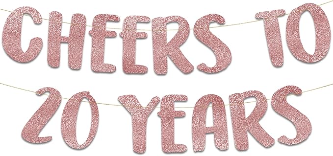 Cheers to 20 Years Rose Gold Glitter Banner - 20th Anniversary and Birthday Party Decorations