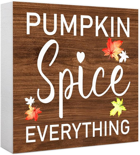 Funny Autumn Wood Box Sign Pumpkin Spice Everything Wooden Block Desk Decor for Home Office Kitchen Cubicle Table Shelf Tabletop,Farmhouse Fall Sign Decor
