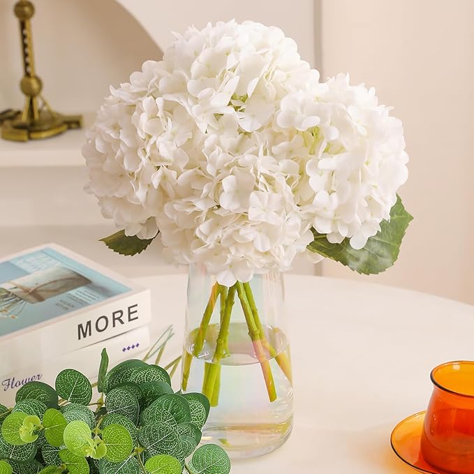 Tifuly 4pcs Fake Hydrangea with Vase -3D Real Touch Faux Hydrangea Flowers and 3pcs Eucalyptus Stems for Wedding Centerpiece Home Party Table Decoration（White）