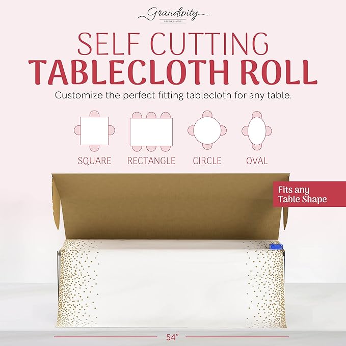 Grandipity Plastic Tablecloth Roll - 54in x 100 Ft. Gold Dots Plastic Table Cloths for Parties Disposable with Cutter Box - Cut to Size Disposable Tablecloth Table Cover for Rectangle & Round
