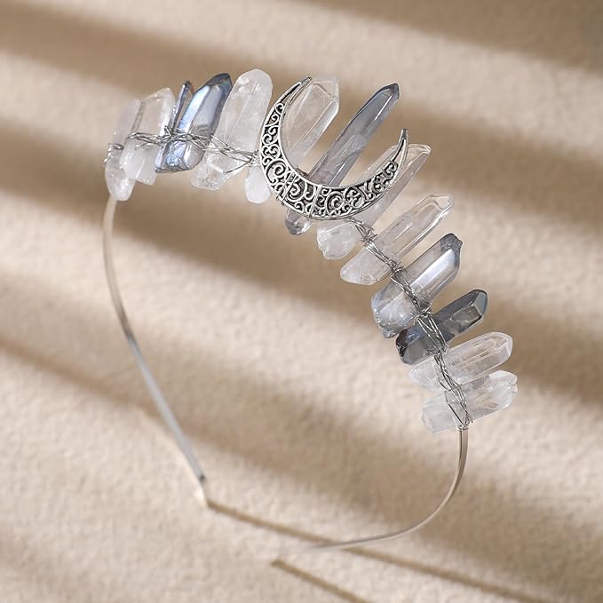Fairy Elf Crystal Headband for Women - Fantasy White Quartz Moon Witch Crown, Fairy Princess Bridal Queen Headpiece for Renaissance Halloween Wedding Pageant Prom Headwear