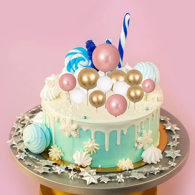 Gyufise 30Pcs Balls Cake Topper Mini Balloons Cake Toppers Foam Ball Cake Decorations Balloon Cake Topper Ball Shaped Cake Insert Topper for Birthday Party Baby Shower Decor Rose Gold White Gold