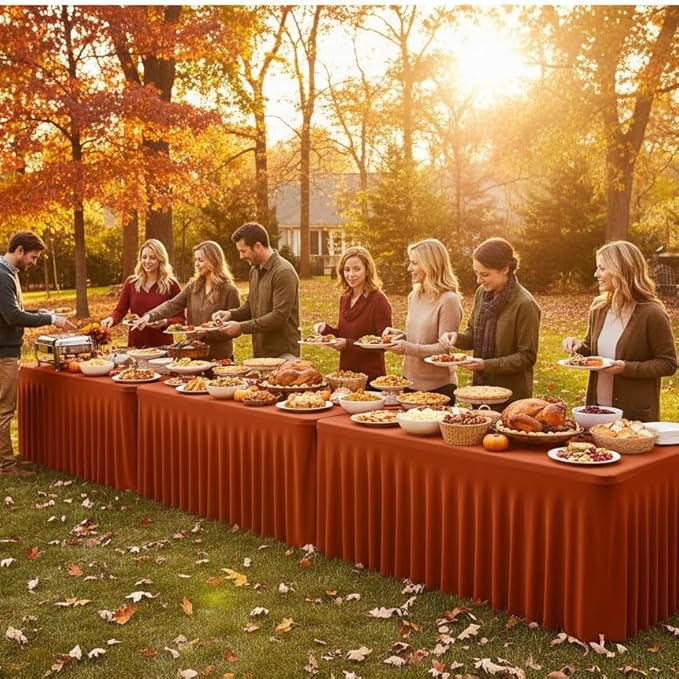 HolidayIdeas 2 Pack Spandex Tablecloths for 8 Foot Table, Fitted Stretch Table Skirts 30x96 Inch, Wrinkle-Free Floor Length Tablecloths for Thanksgiving Decor, Banquets Events,Rust
