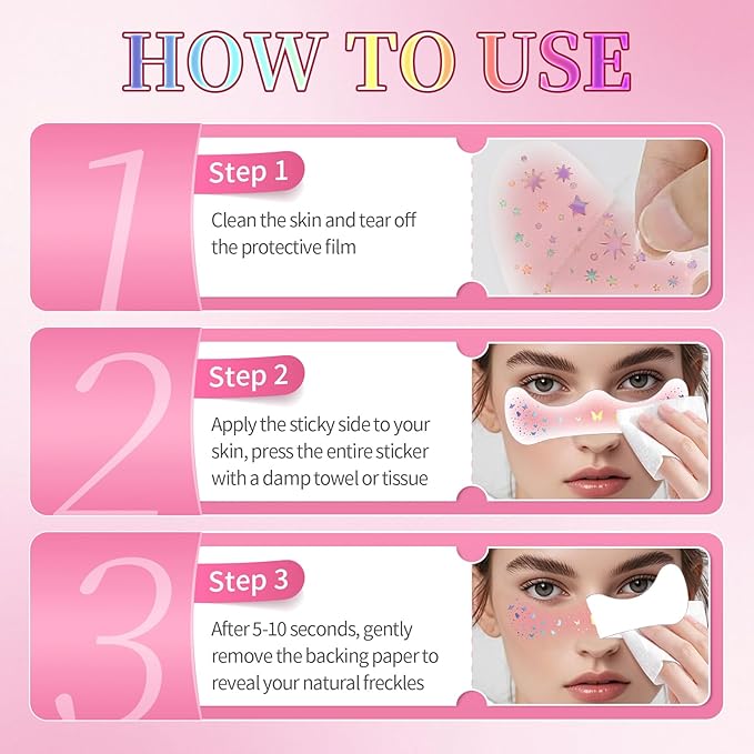 10PCS Glitter Freckles Face Tattoos, 2 in 1 Pink Blush Holographic Face Temporary Tattoos, Long Lasting Waterproof Glitter Makeup Patches for Women