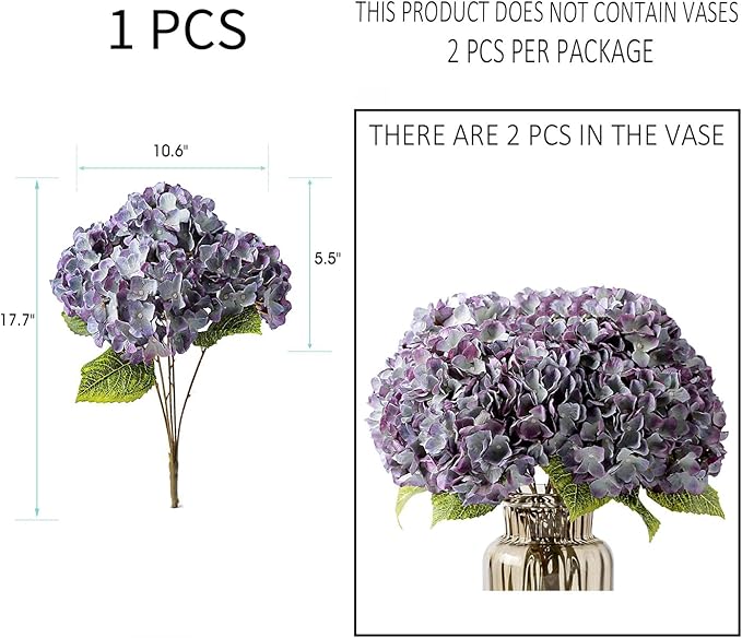 Kimura's Cabin 2Bouquets Fake Hydrangea Flowers Vintage Artificial Silk Hydrangeas Bouquets 10 Heads for Home Table Centerpieces Wedding Party Decoration (Bluish Violet, Pack of 2)