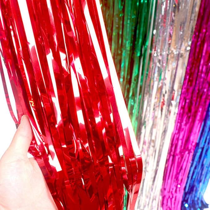 2 Pcs 3.2ft x 8.2ft Shiny Red Metallic Tinsel Foil Fringe Curtains Photo Booth Backdrop for Birthday Wedding Holiday Celebration Bachelorette Party Decorations